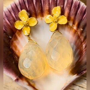 Handpainted Yellow Flower & Pineapple Quartz In Chunky Gold Plated Earrings